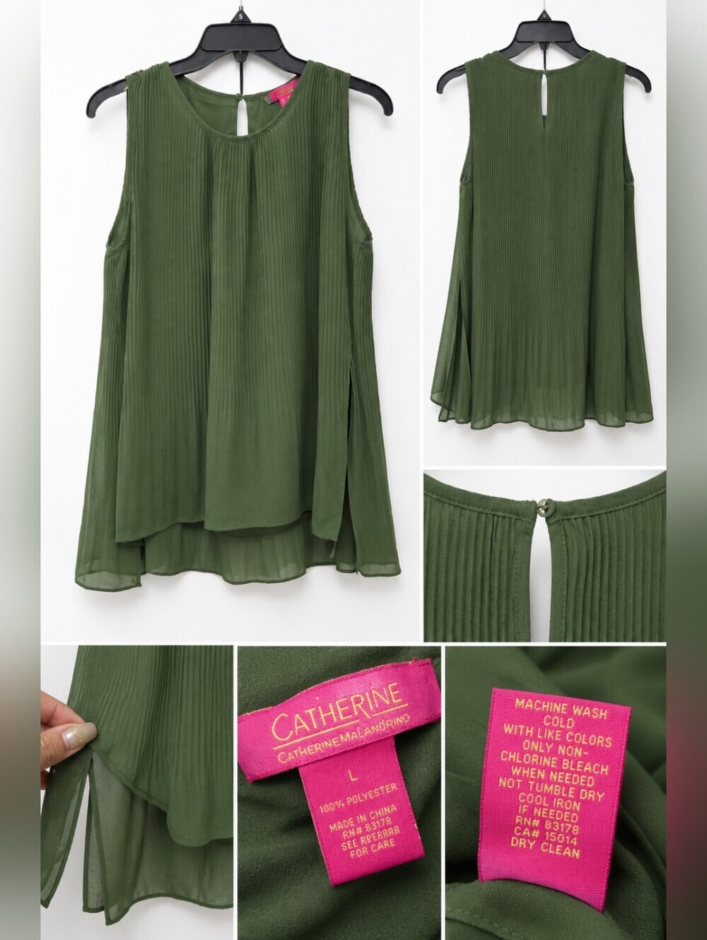 Catherine Malandrino Women's Pleated Sleeveless Blouse Olive Green Size Large